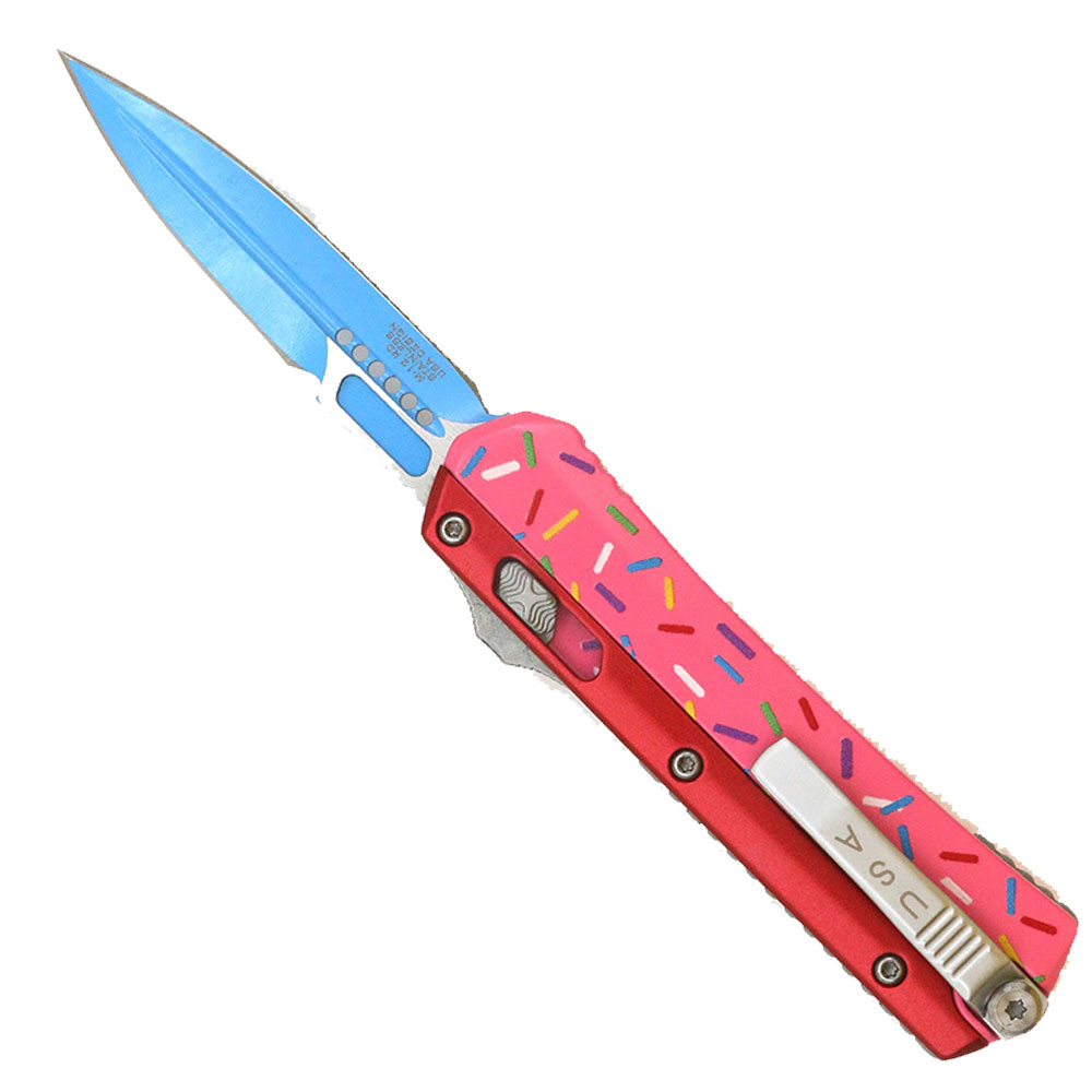 Double Edge OTF Knife With Tactical Rainbow Blade Candy Sprinkles Red Handle