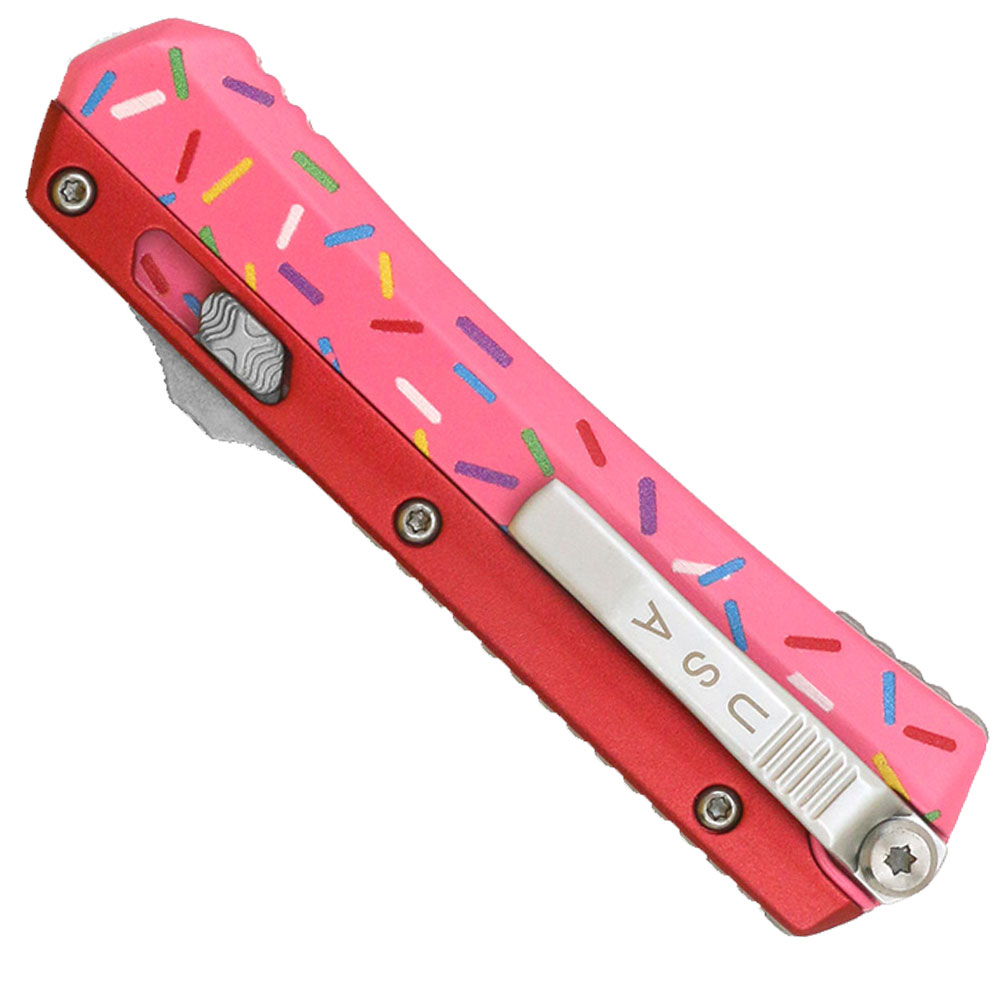 Double Edge OTF Knife With Tactical Rainbow Blade Candy Sprinkles Red Handle