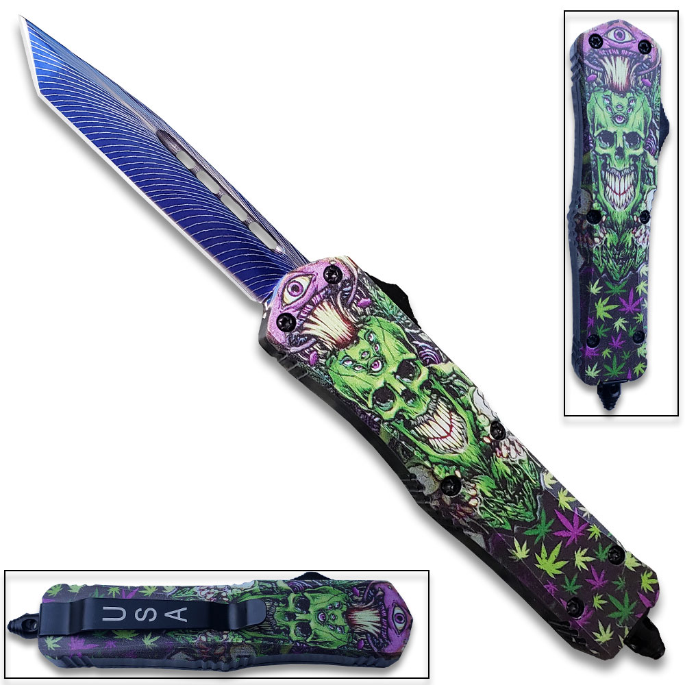 Demon Green & Purple Skull Blue Tanto Blade OTF Knife