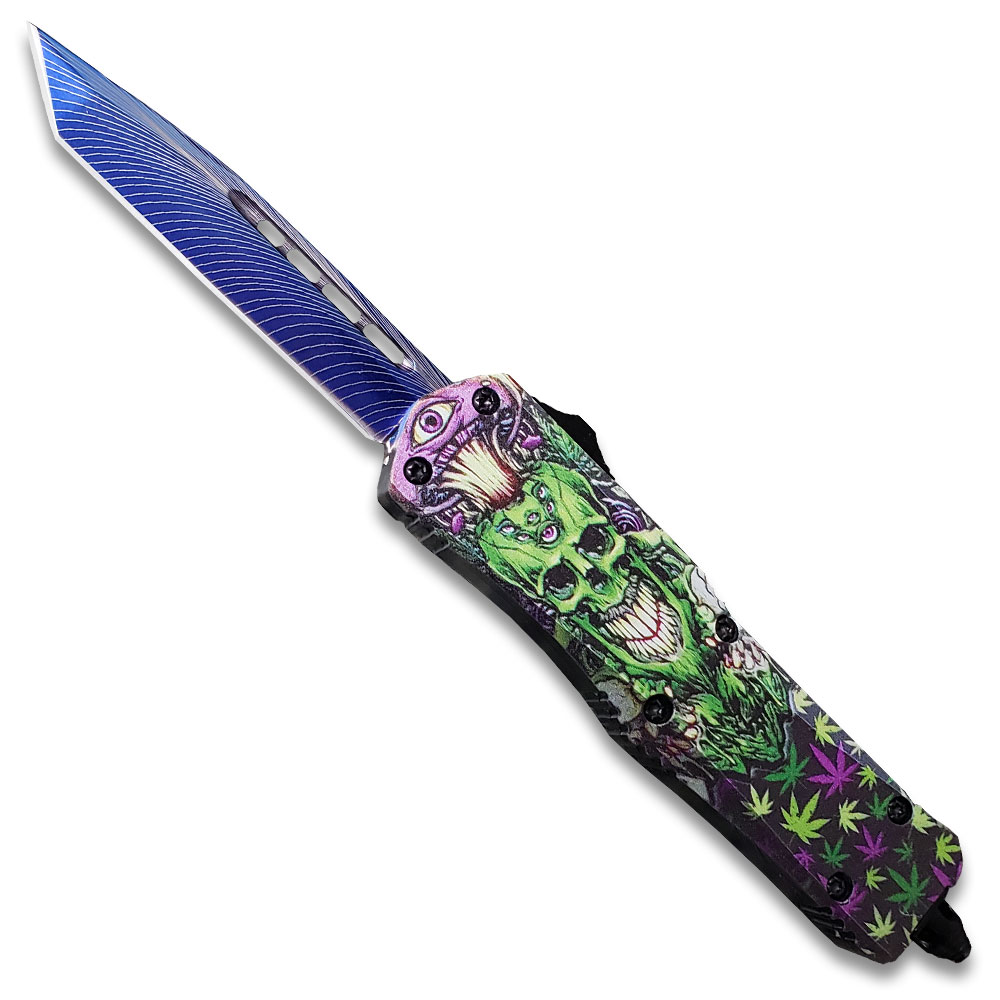 Demon Green & Purple Skull Blue Tanto Blade OTF Knife