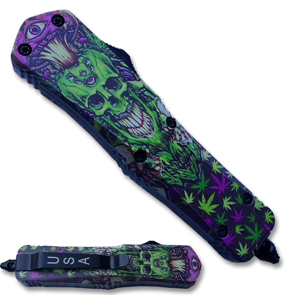 Green & Purple Skull Tanto Blade OTF Knife