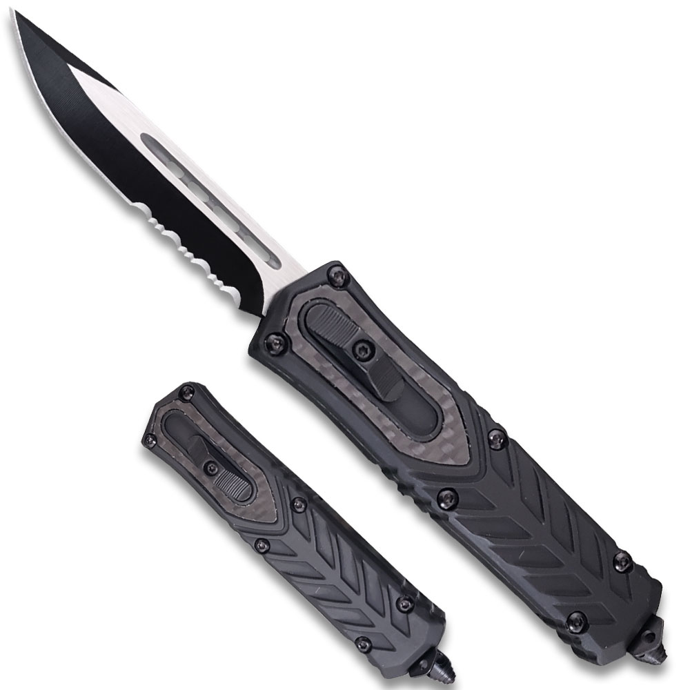 Delta OTF Carbon Fiber Black Drop Point Serrated Edge Knife