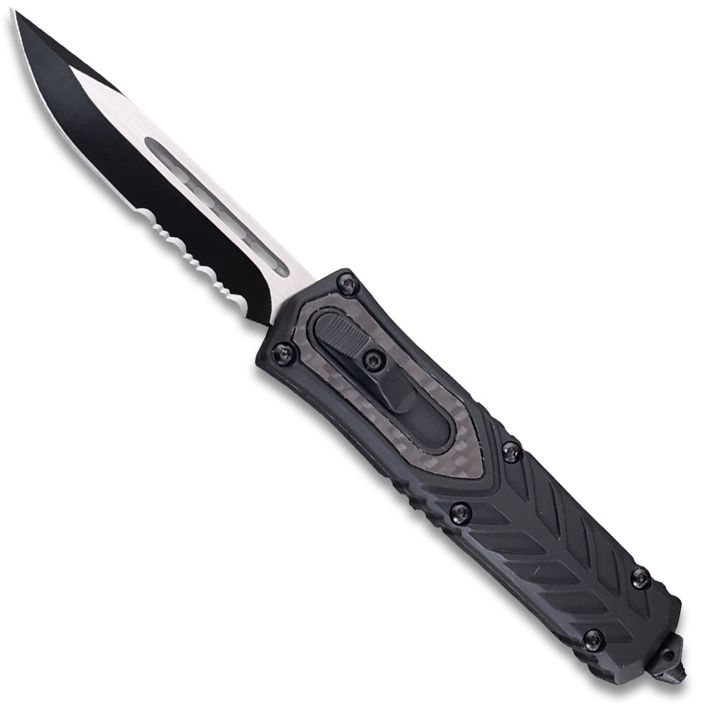 Delta OTF Carbon Fiber Black Drop Point Serrated Edge Knife