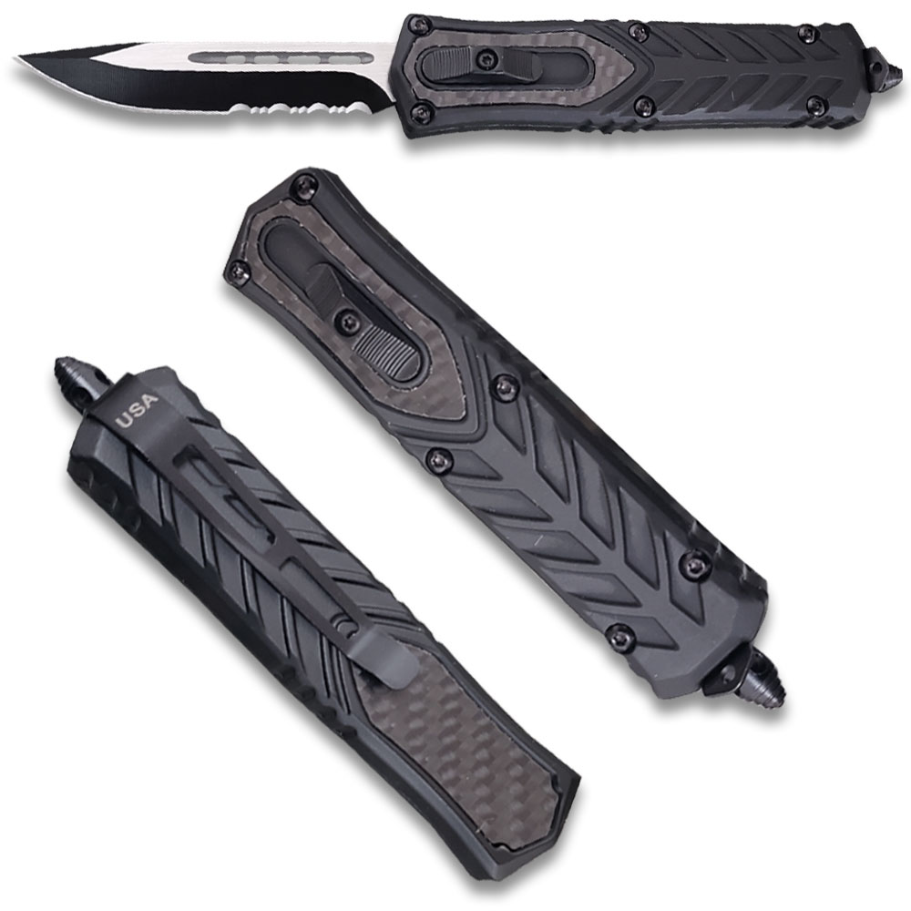 Delta OTF Carbon Fiber Black Drop Point Serrated Edge Knife