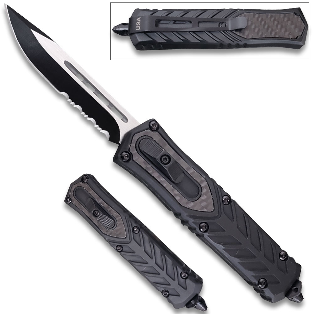 Delta OTF Carbon Fiber Black Drop Point Serrated Edge Knife