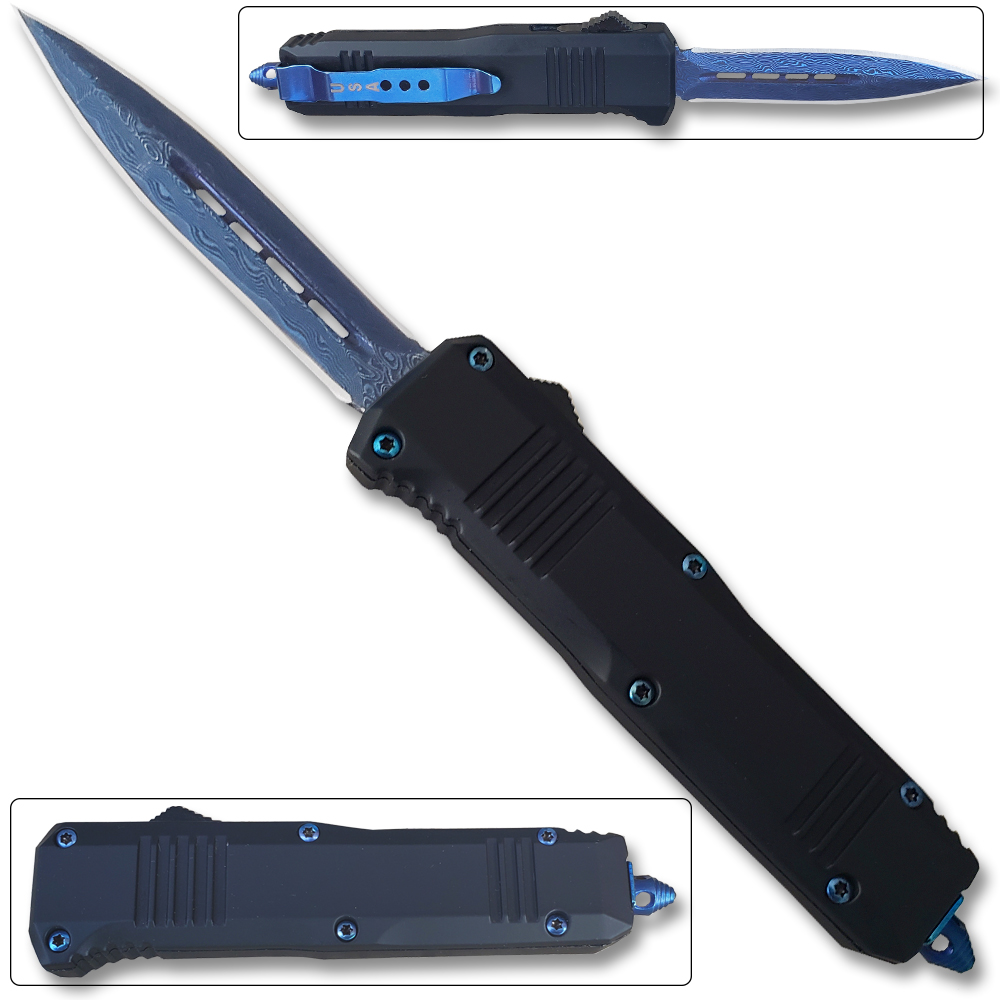 Delta Lightening Blue OTF Out The Front Automatic Double Edge Damascus Pattern  Blade