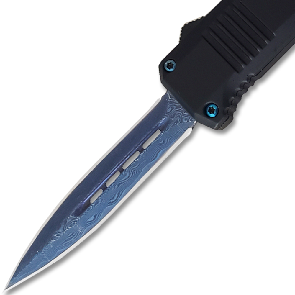 Delta Lightening Blue OTF Out The Front Automatic Double Edge Damascus Pattern  Blade