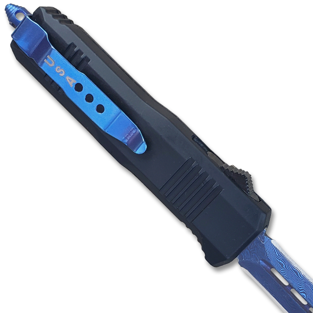 Delta Lightening Blue OTF Out The Front Automatic Double Edge Damascus Pattern  Blade