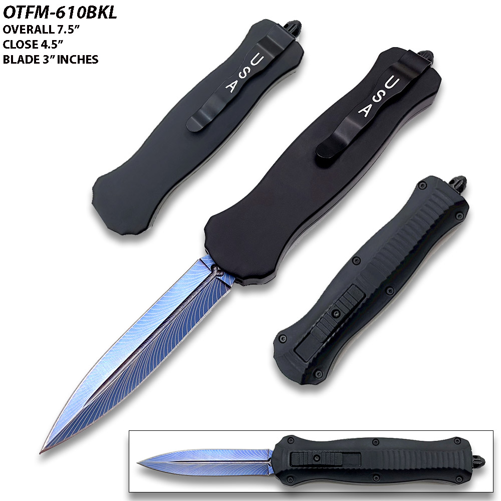 7.5 "Spear Point Blue Etched OTF Knife Tactical Edge Black Handle