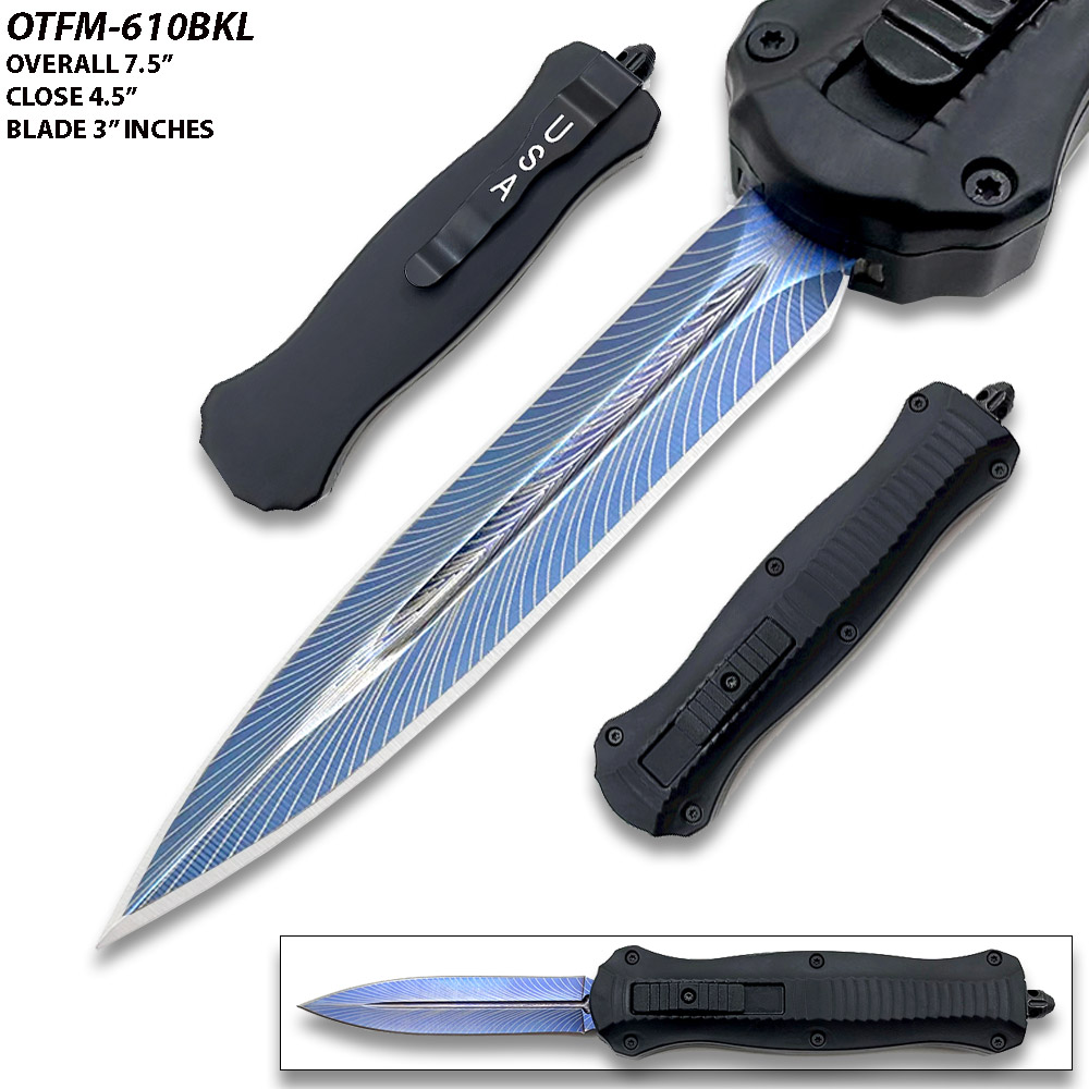 7.5 "Spear Point Blue Etched OTF Knife Tactical Edge Black Handle