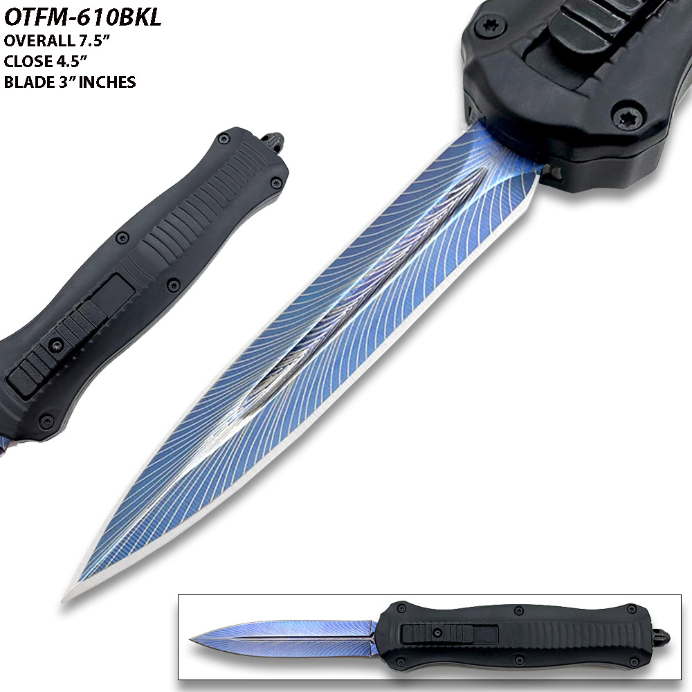 7.5 "Spear Point Blue Etched OTF Knife Tactical Edge Black Handle