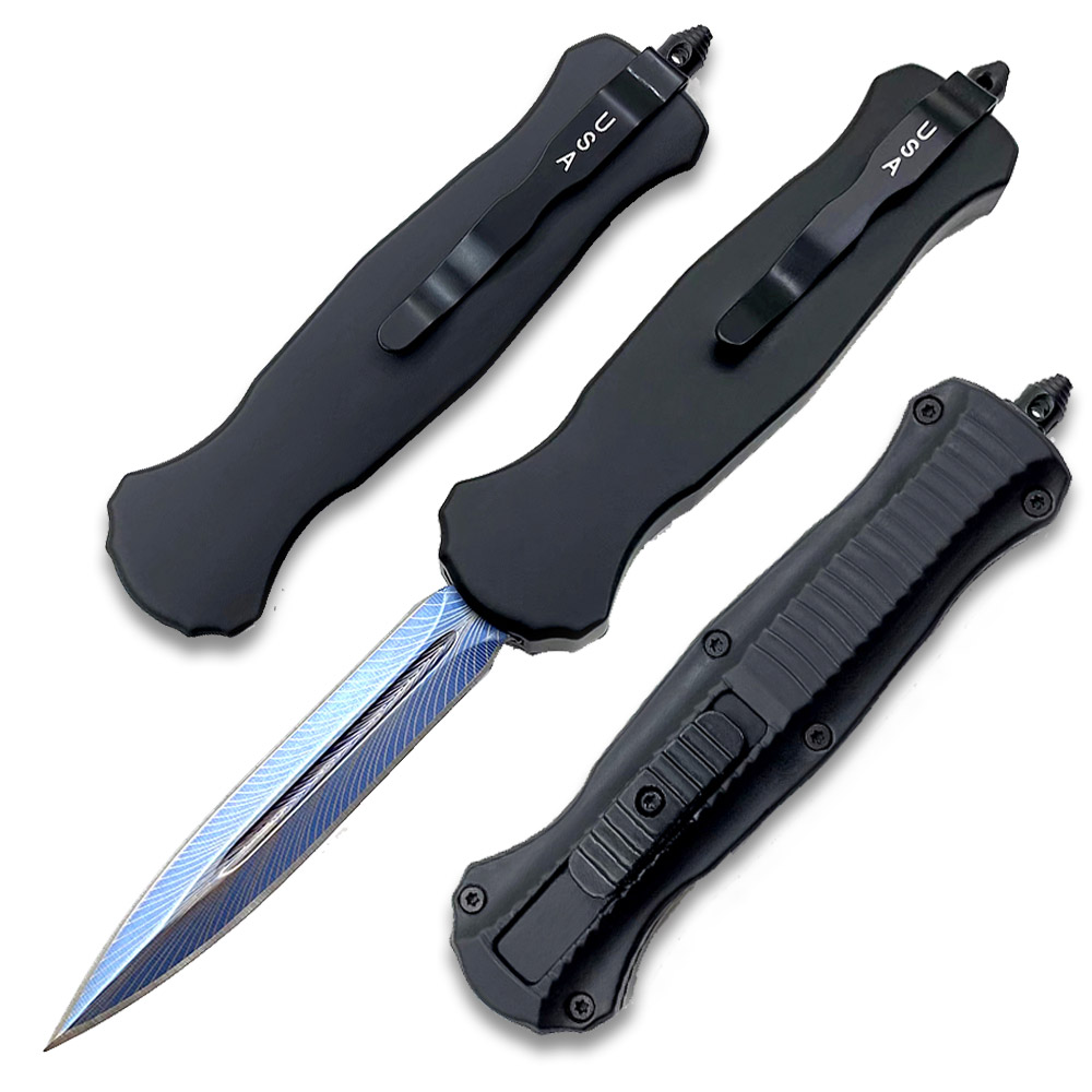 9 "Spear Point Blue Etched OTF Knife Tactical Edge Black Handle