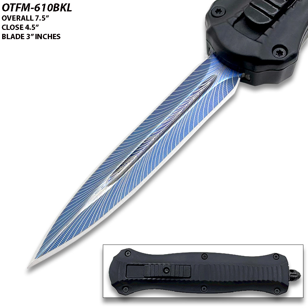 7.5 "Spear Point Blue Etched OTF Knife Tactical Edge Black Handle