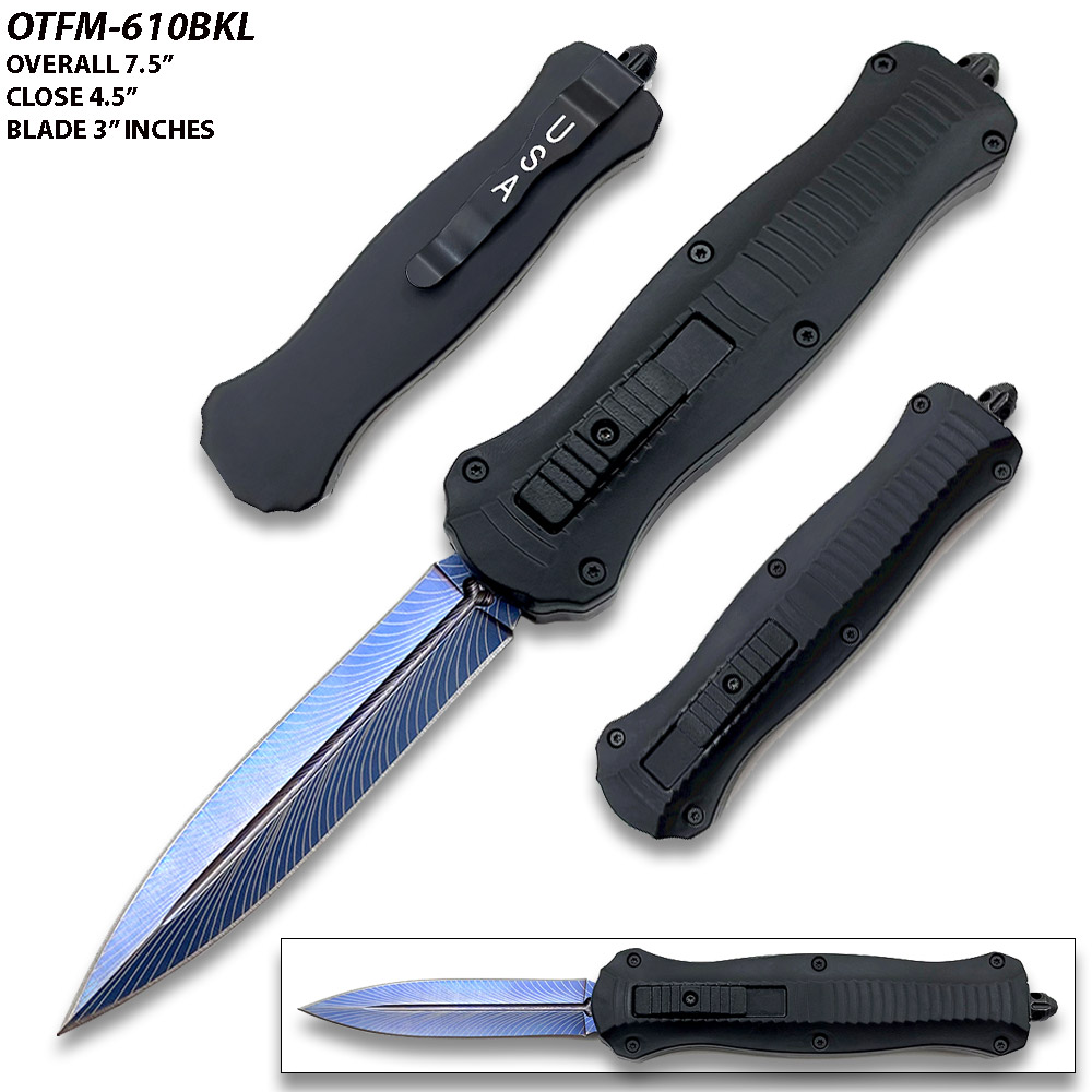7.5 "Spear Point Blue Etched OTF Knife Tactical Edge Black Handle