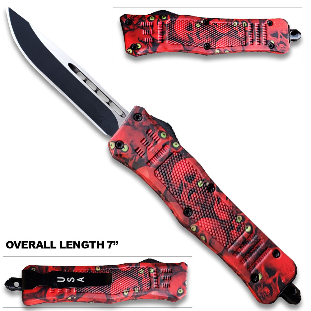 7"Overall Drop Point Edged Red Zombie OTF Knife With Green Eye