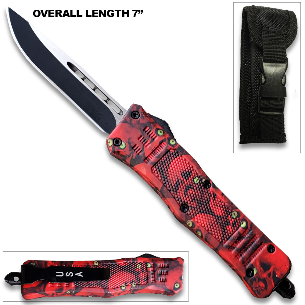 7"Overall Drop Point Edged Red Zombie OTF Knife With Green Eye