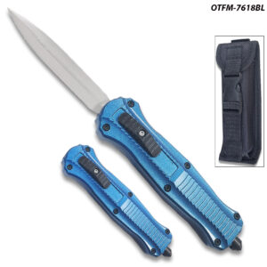 Spear Point OTF Knife Out The Front 7" Tactical  Straight Edge Blue Handle