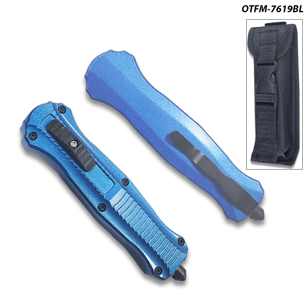 Spear Point OTF Knife Out The Front 7" Tactical  Straight Edge Blue Handle