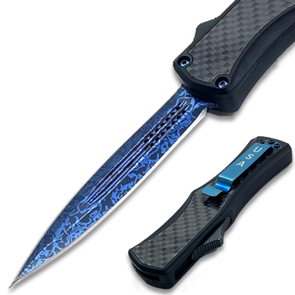 OTF Damascus Pattern Blue Blade Double Edge Carbon Fiber Handle
