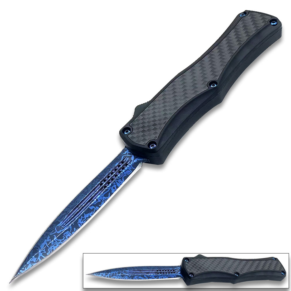 OTF Damascus Pattern Blue Blade Double Edge Carbon Fiber Handle