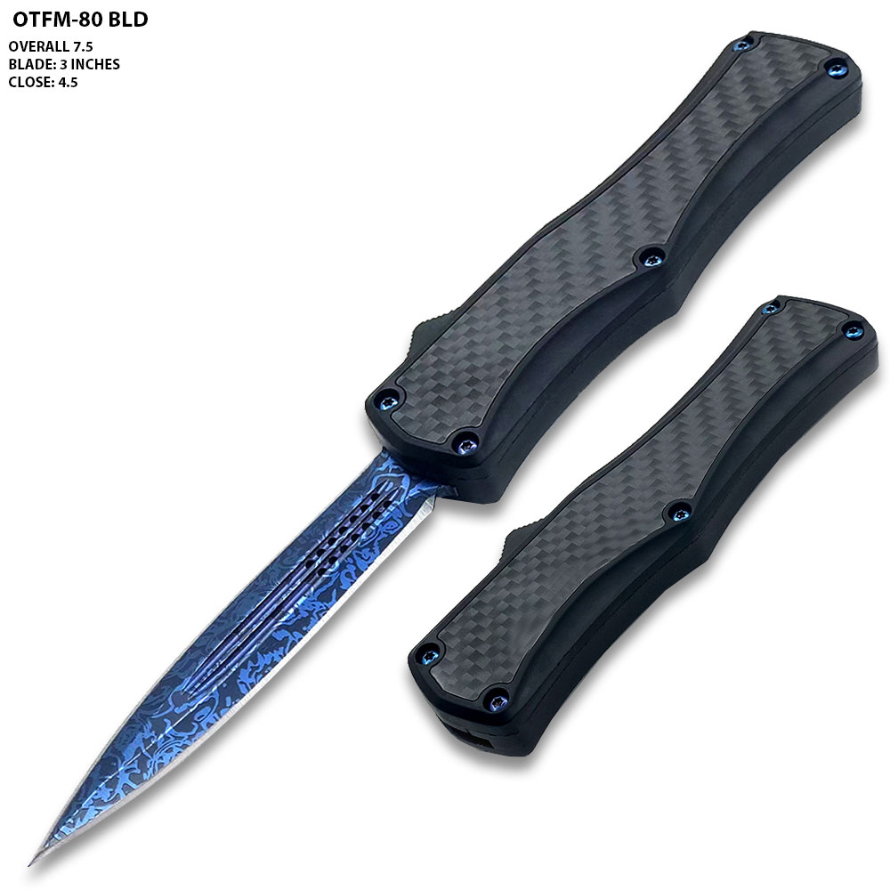 OTF Damascus Pattern Blue Blade Double Edge Carbon Fiber Handle