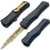 OTF Damascus Pattern Gold Blade Double Edge Carbon Fiber Handle