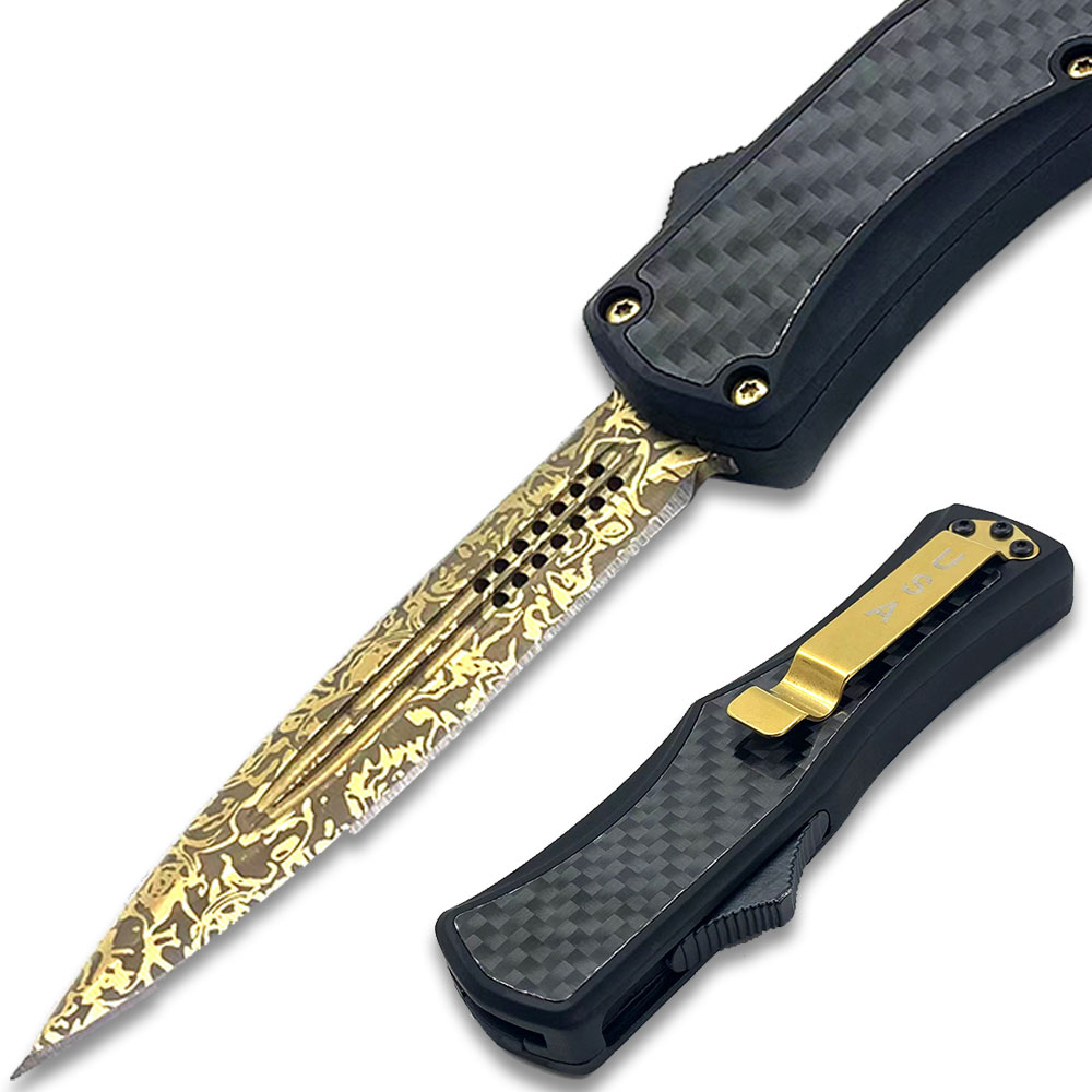 OTF Damascus Pattern Gold Blade Double Edge Carbon Fiber Handle