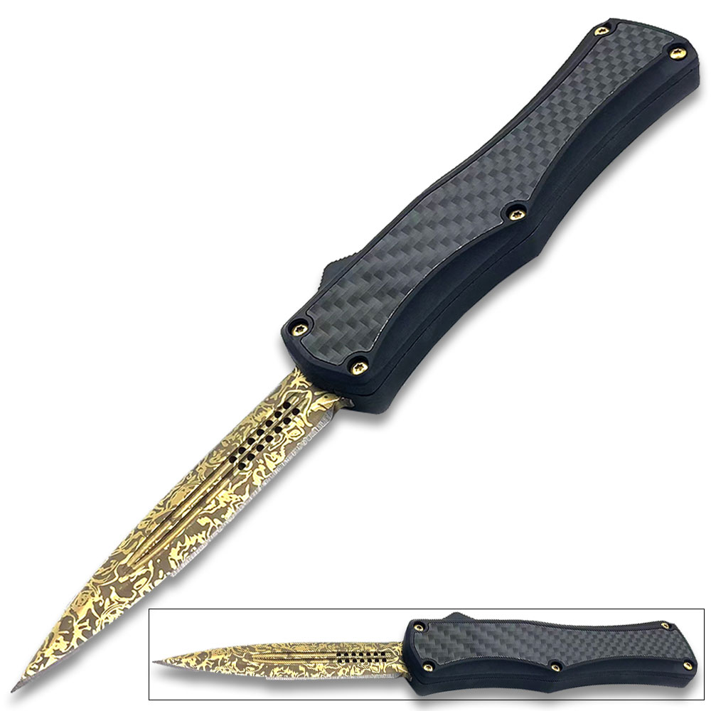 OTF Damascus Pattern Gold Blade Double Edge Carbon Fiber Handle