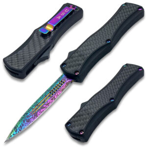 OTF Damascus Pattern Titanium  Blade Double Edge Carbon Fiber Handle