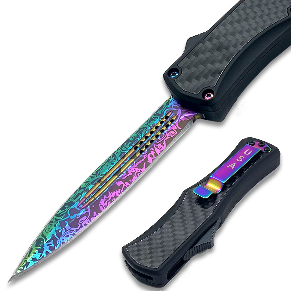 OTF Damascus Pattern Titanium  Blade Double Edge Carbon Fiber Handle
