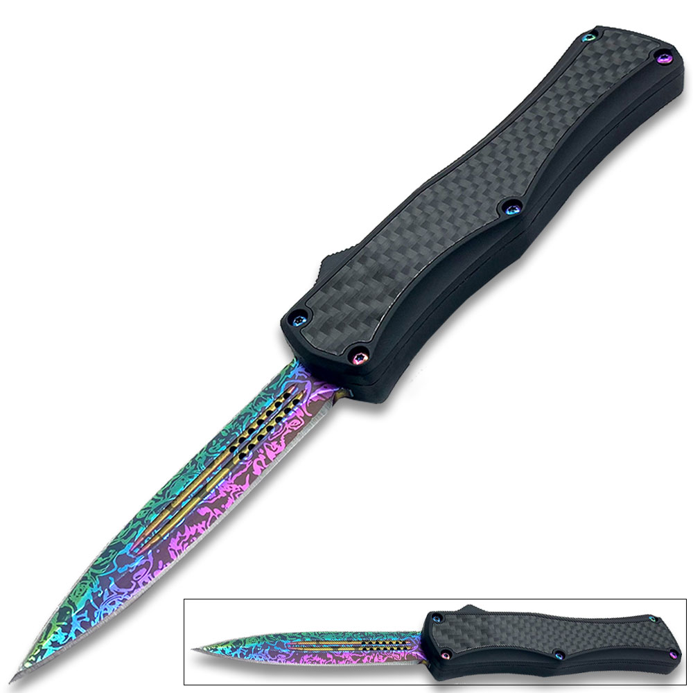 OTF Damascus Pattern Titanium  Blade Double Edge Carbon Fiber Handle