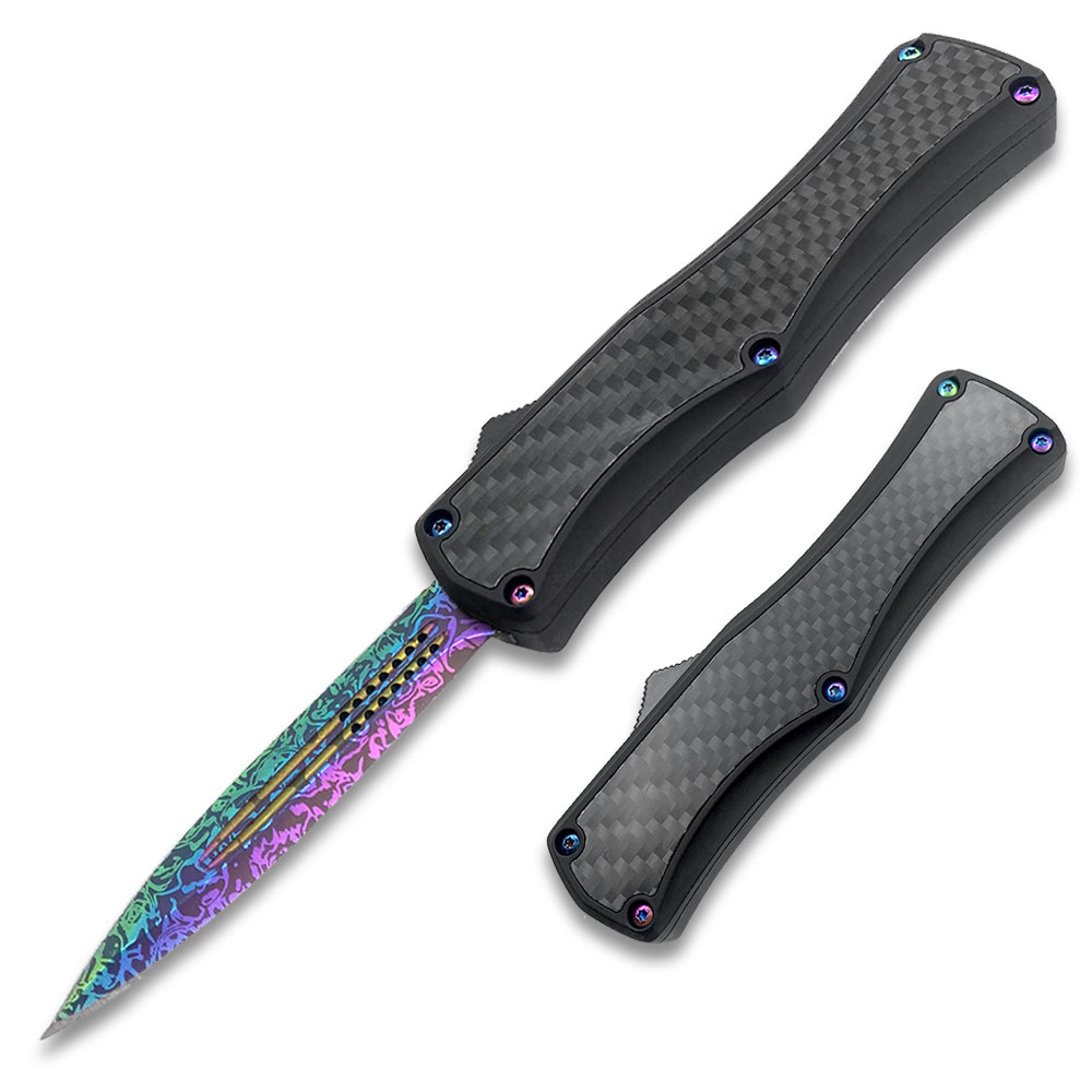 OTF Damascus Pattern Titanium  Blade Double Edge Carbon Fiber Handle