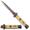Rainbow Damascus Pattern  Ivory Color Handle Automatic Stiletto Knife