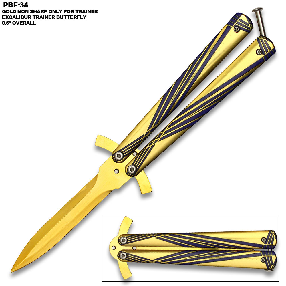 Non-Sharp Butterfly Gold Blue Handle and Goold Spear Blade