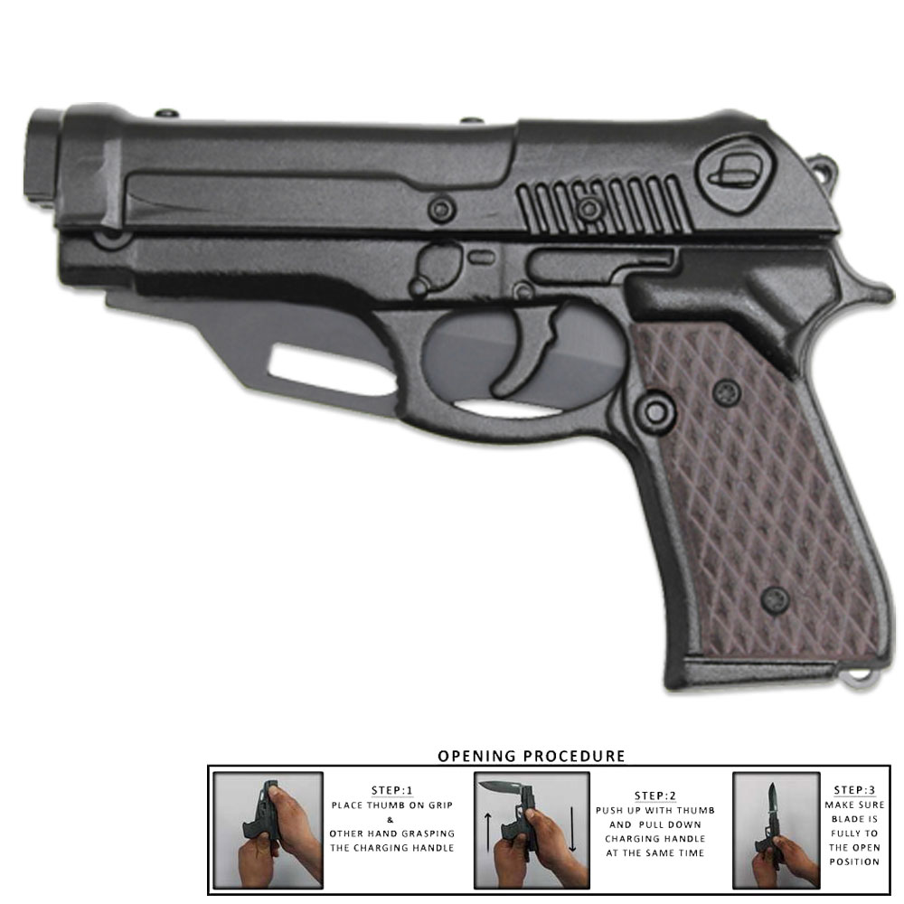 8″ Black Semi-Auto Pistol Style Assisted Knife Slide Cocking Open Mechanism