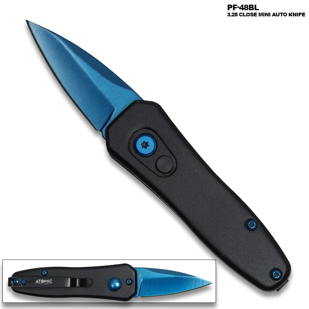 Blue Push Button Legal Auto Knife Black Handle