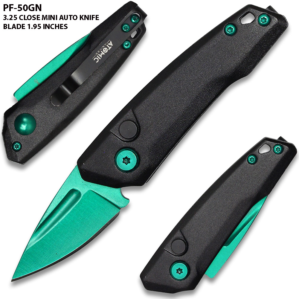 Green Drop Point Blood Groove Push Button Legal Auto Knife