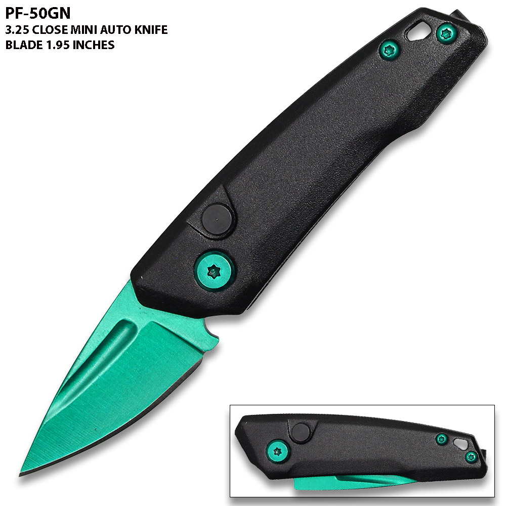 Green Drop Point Blood Groove Push Button Legal Auto Knife
