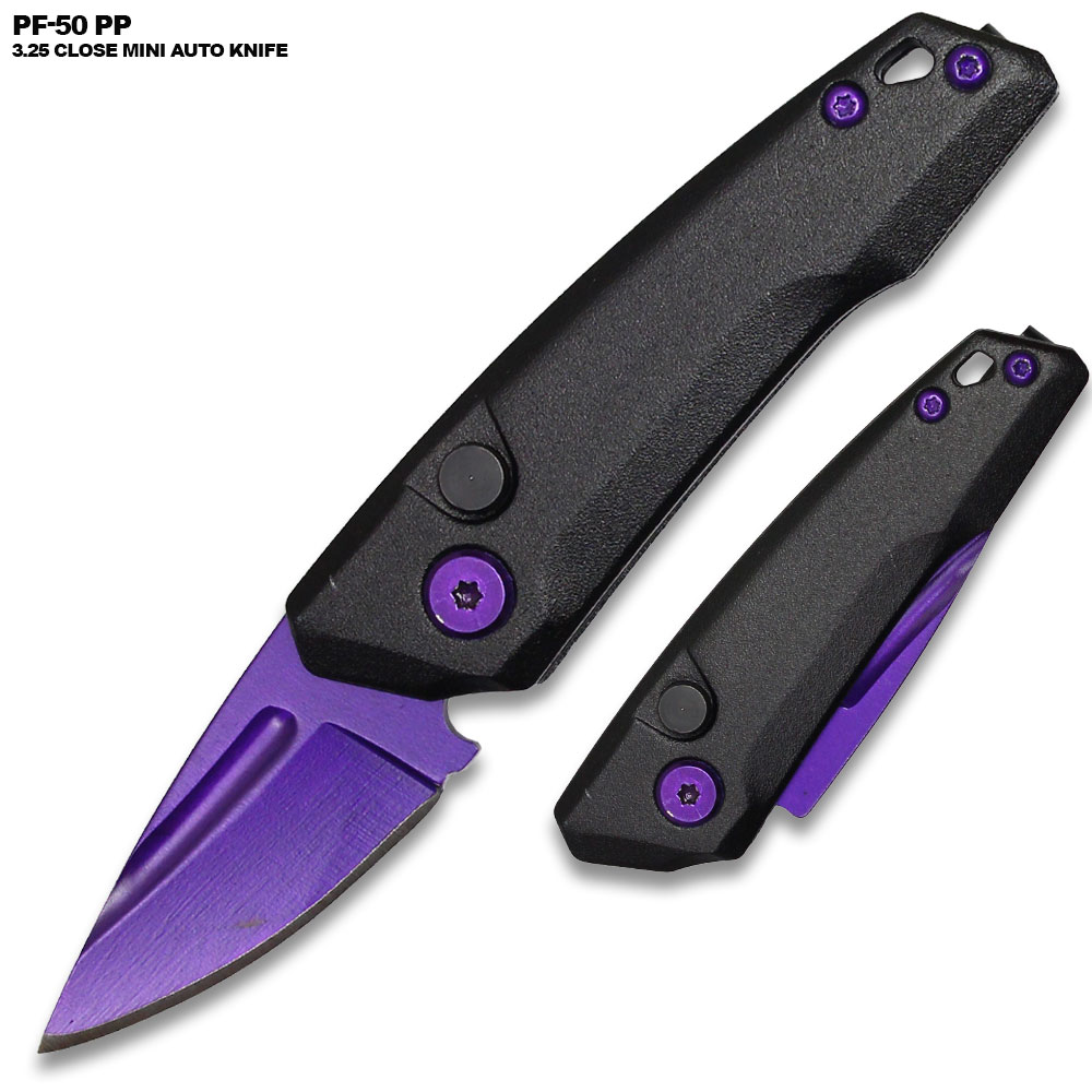 Purple Drop Point Blood Groove Push Button Legal Auto Knife