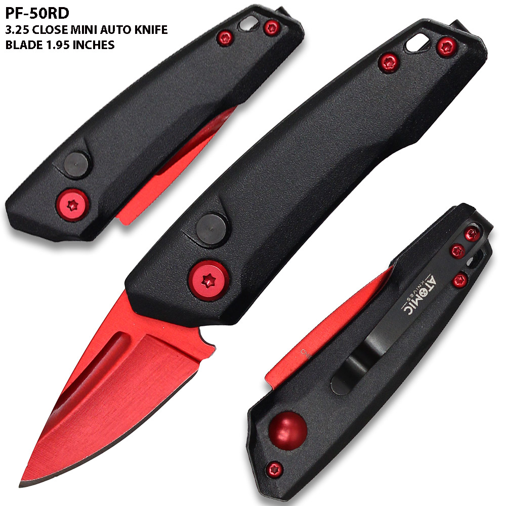 Red Drop Point Blood Groove Push Button Legal Auto Knife
