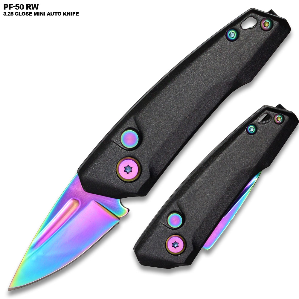 Rainbow Drop Point Blood Groove Push Button Legal Auto Knife