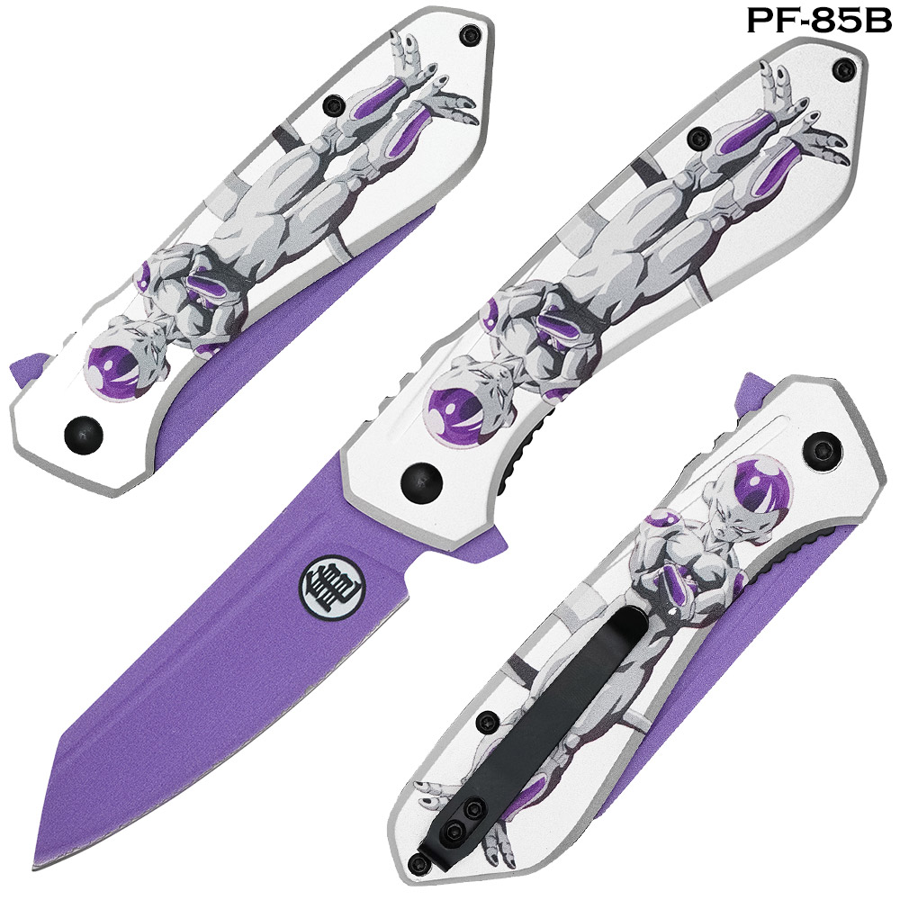 Frieza Print Grey Purple Handle Spring Assist Pocket Knife