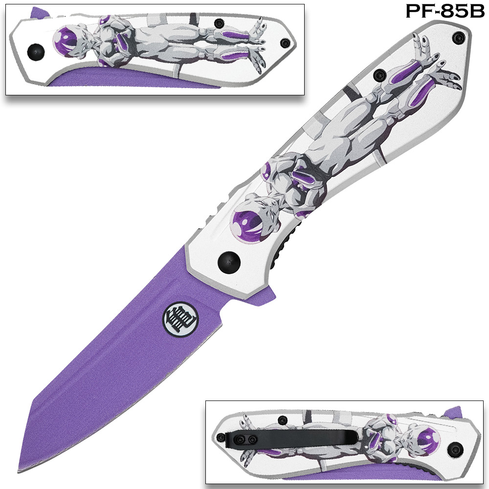 Frieza Print Grey Purple Handle Spring Assist Pocket Knife
