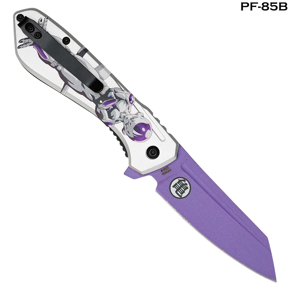 Frieza Print Grey Purple Handle Spring Assist Pocket Knife