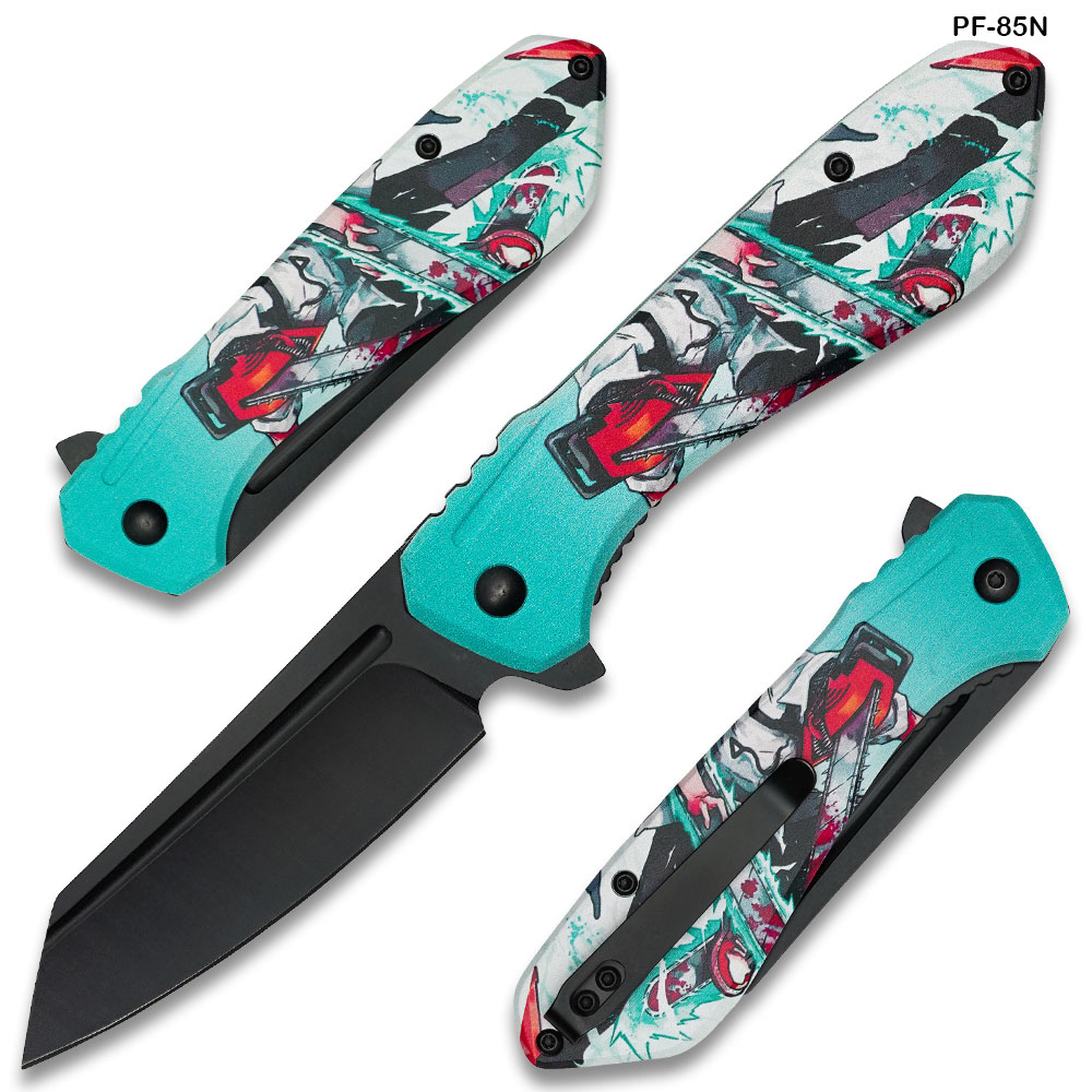 Chainsaw Skull Graphic Tanto Folding Knife
