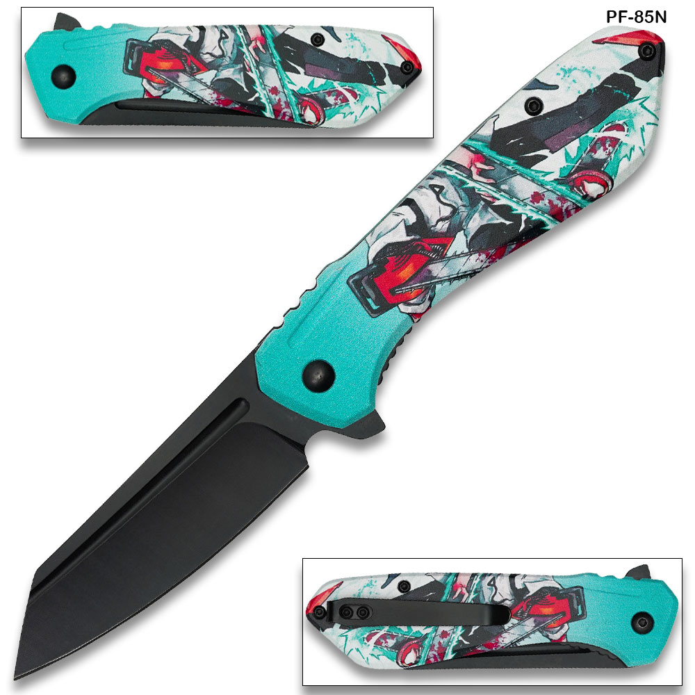 Chainsaw Skull Graphic Tanto Folding Knife