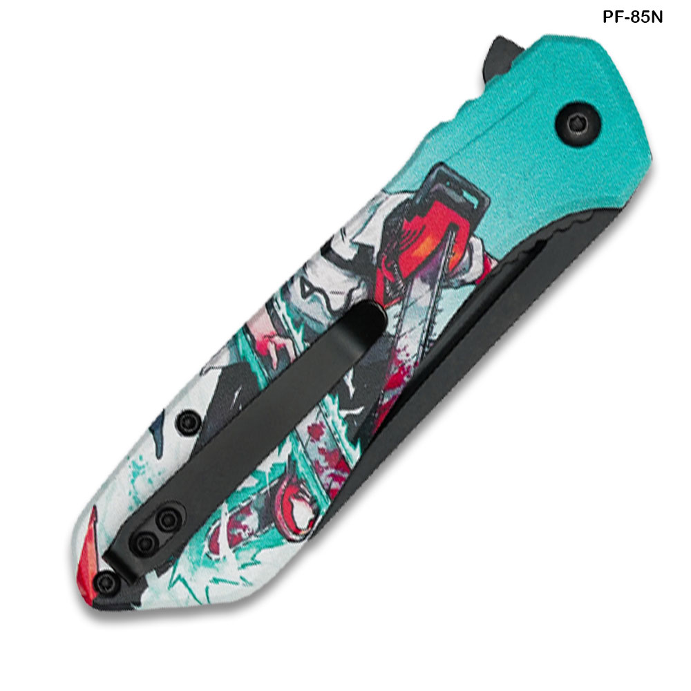 Chainsaw Skull Graphic Tanto Folding Knife