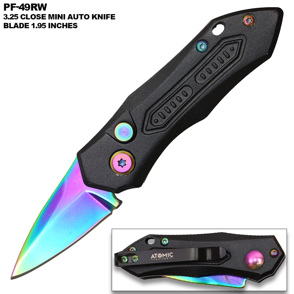 Rainbow Blade  Push Button 5 Inches Overall Legal Auto Knife Black Handle