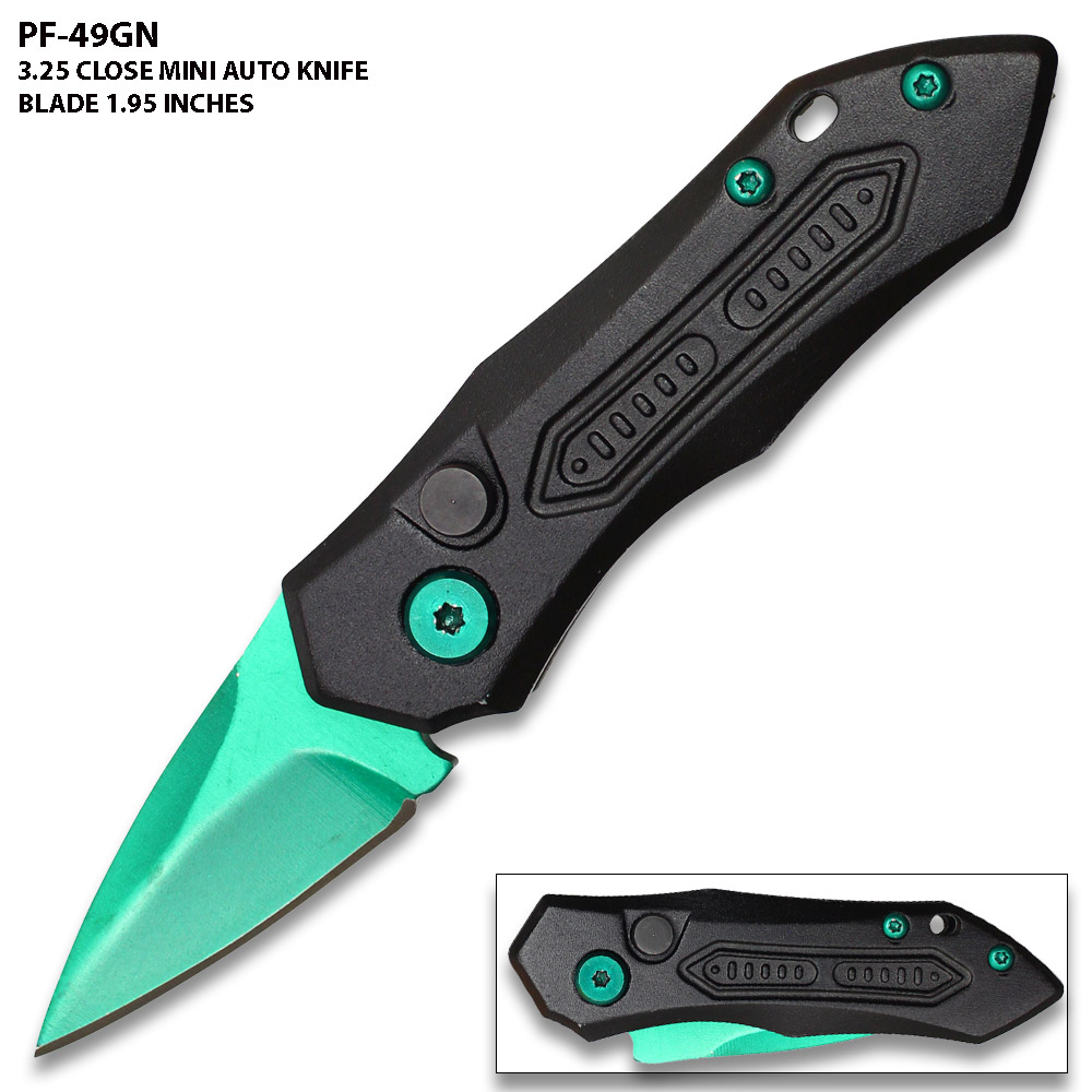 New Green Blade  Push Button 5 Inches Overall Legal Auto Knife Black  Handle