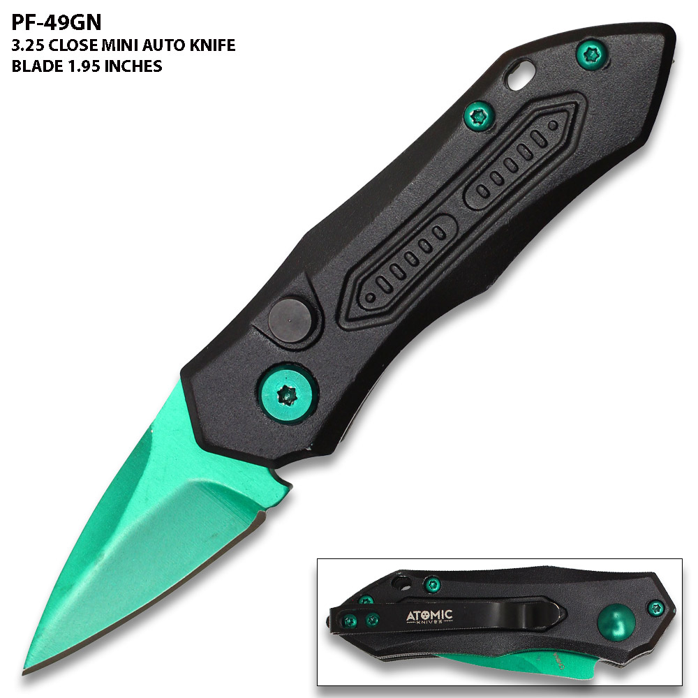 New Green Blade  Push Button 5 Inches Overall Legal Auto Knife Black  Handle